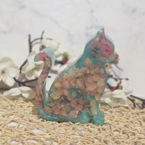 Hana Neko bougeoir chat en résine époxy turquoise avec fleurs séchées
