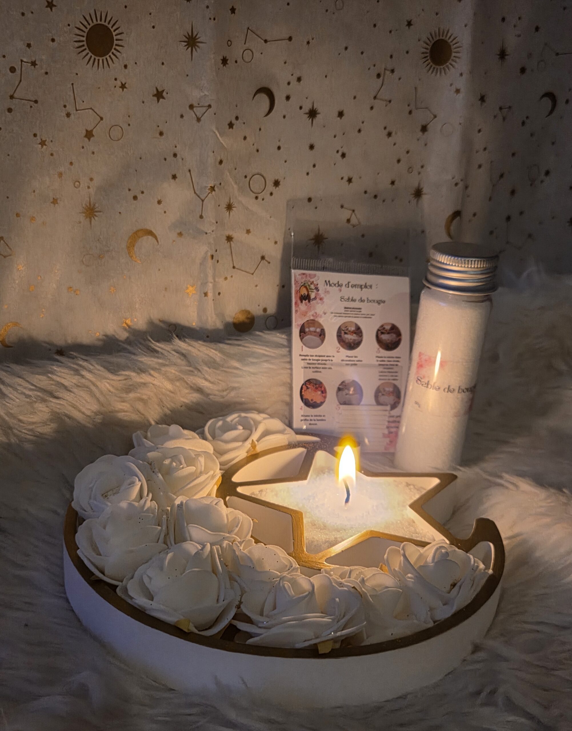 centre de table lune Tsuki no Hana avec sable de bougie et fleurs