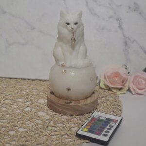 Veilleuse Led Tsuki Neko en résine époxy sur socle en bois avec télécommande