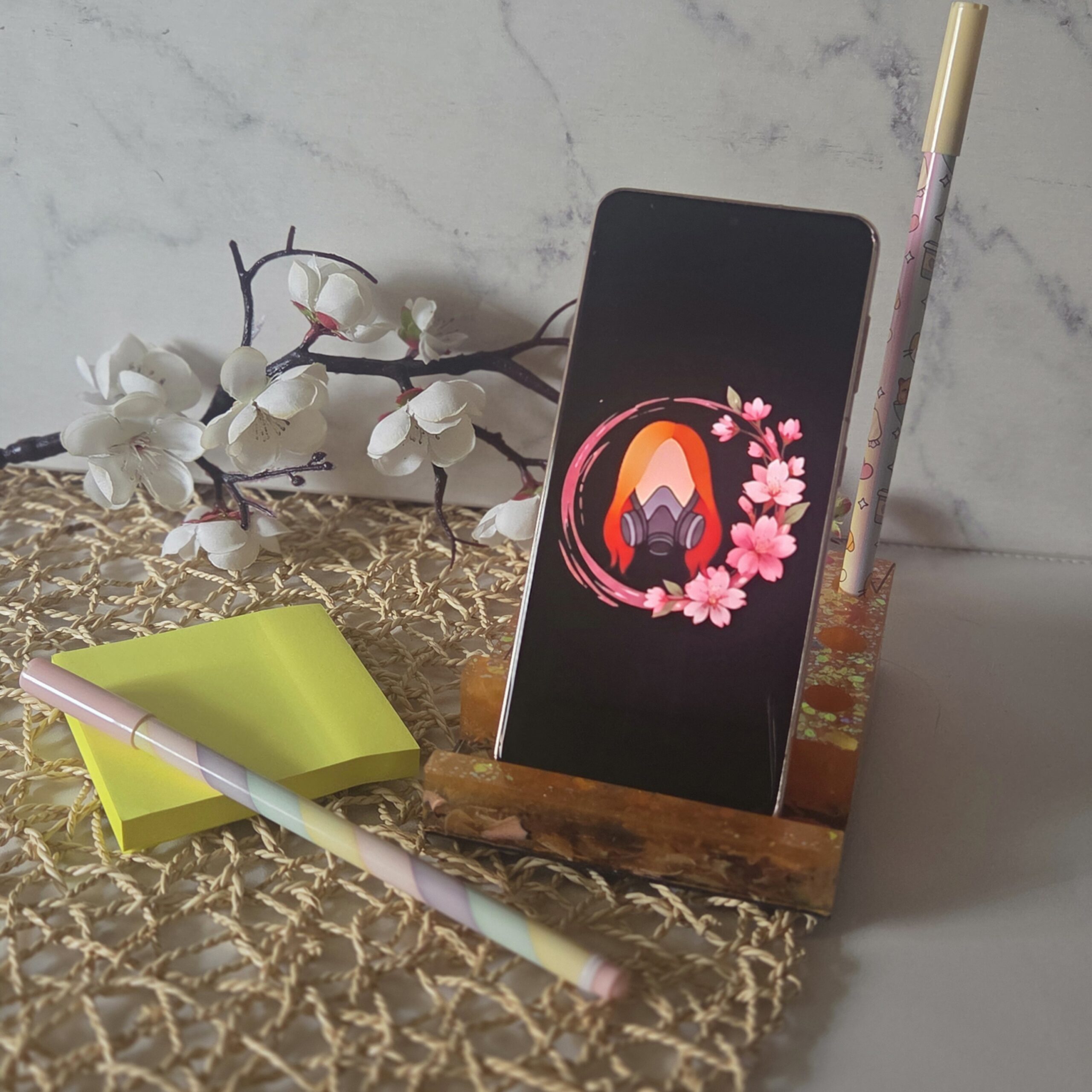 Support téléphone et Post-it multifonction fait main en résine époxy